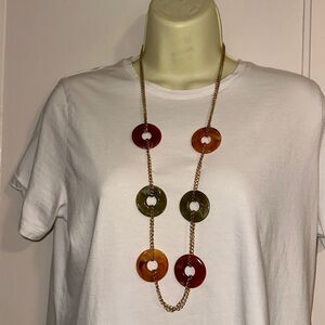 Vintage Avon gold tone statement necklace‎ with green, amber & orange circles